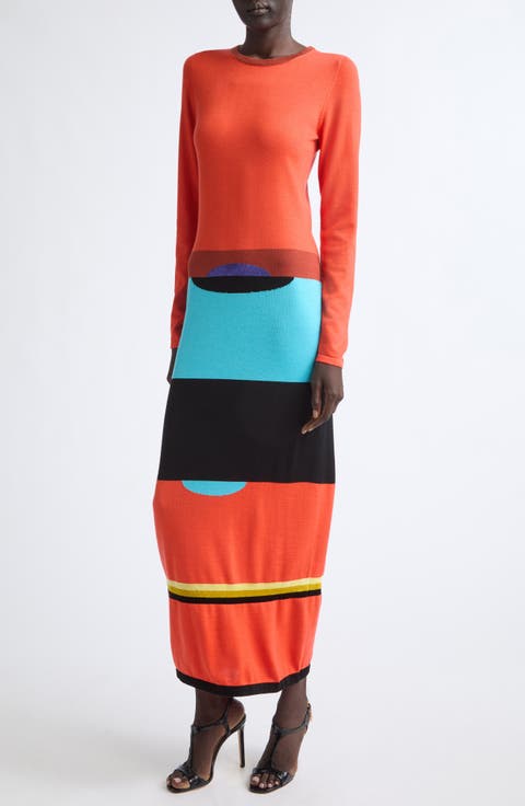 Totem Colorblock Long Sleeve Merino Wool & Silk Maxi Dress