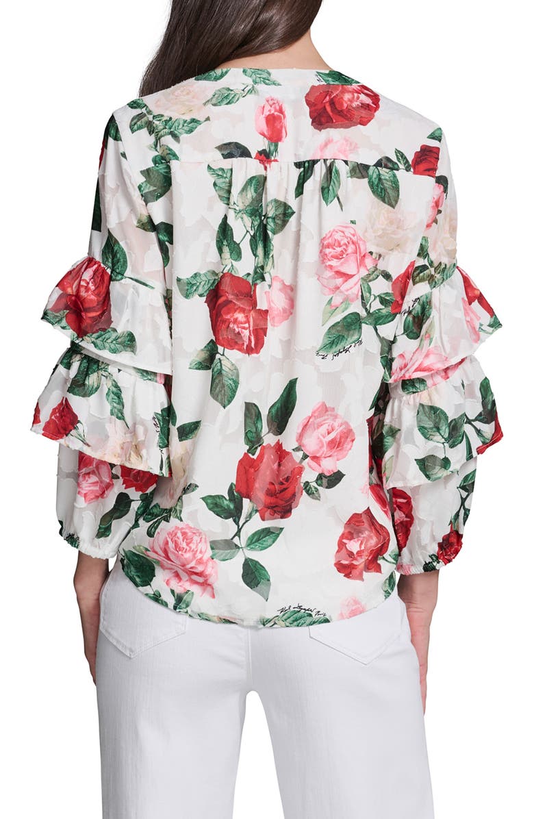 KARL LAGERFELD PARIS Rose Print Ruffle Top, Alternate, color, 
