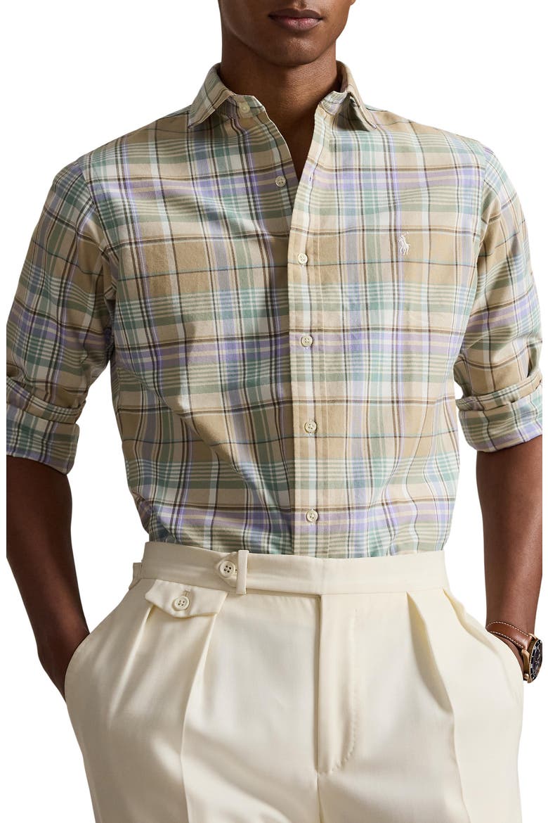 Classic Fit Plaid Linen Button-Up Oxford Shirt, Main, color, KHAKI FADED MINT MULTI