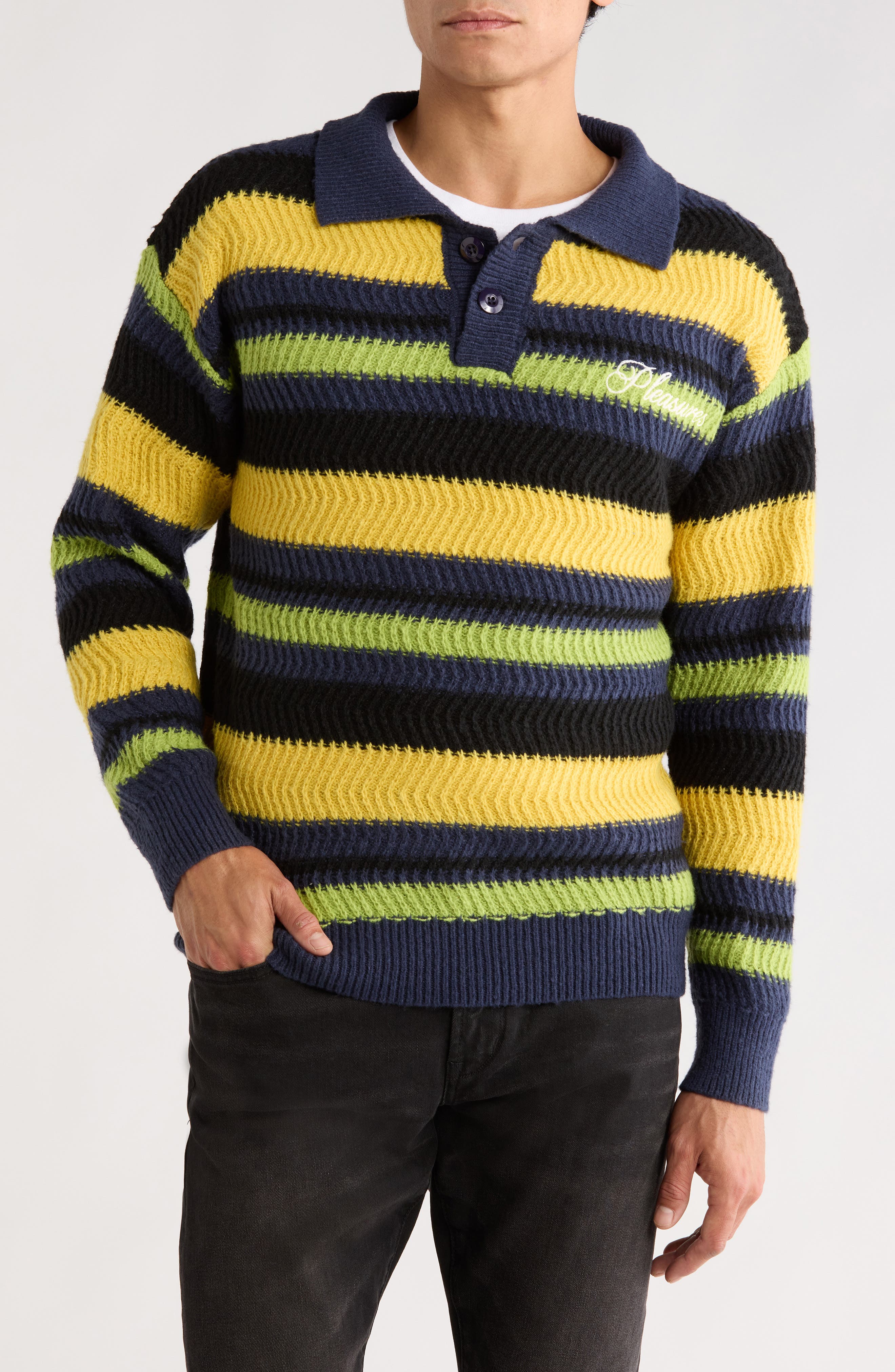 PLEASURES Cooper Stripe Long Sleeve Polo Sweater