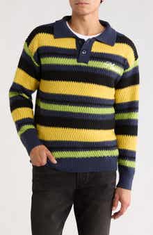 PLEASURES Cooper Stripe Long Sleeve Polo Sweater