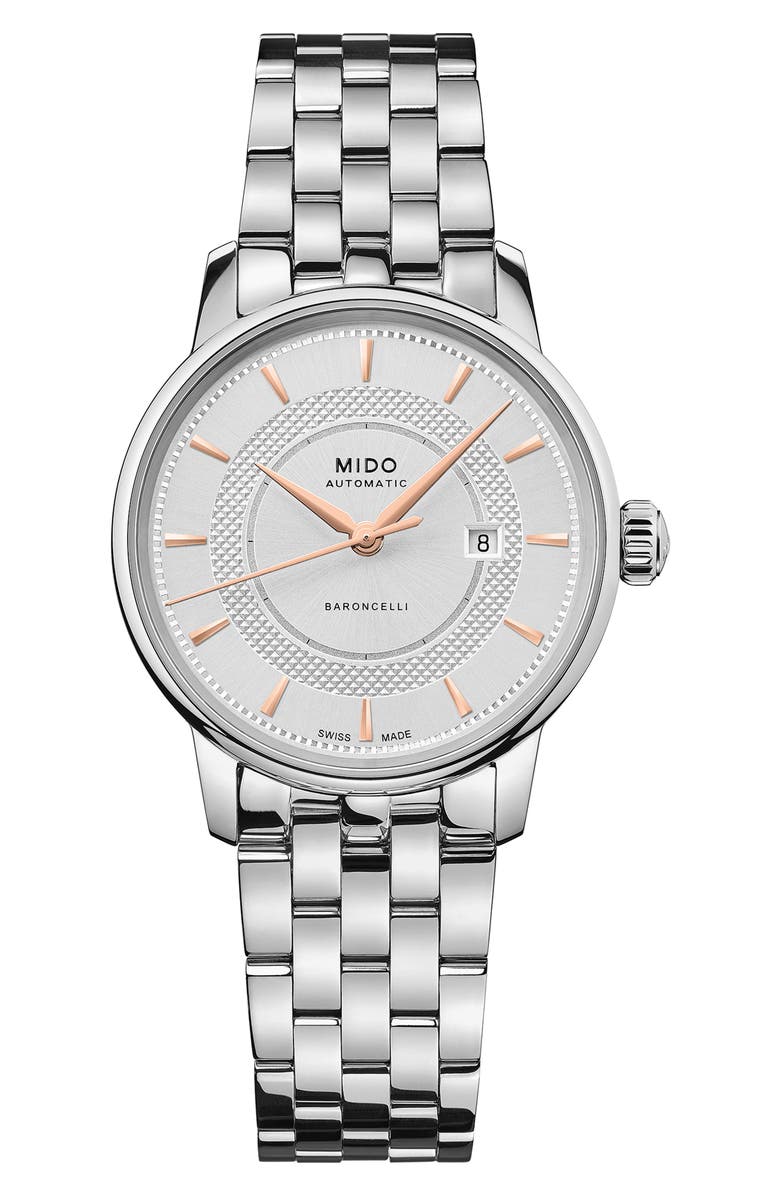 MIDO Baroncelli Signature Automatic Bracelet Watch, 30mm, Main, color, Silver/ White