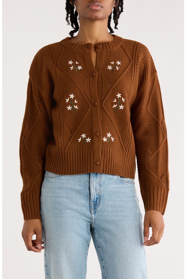 Floral Knit Cardigan, Main, color, BROWN