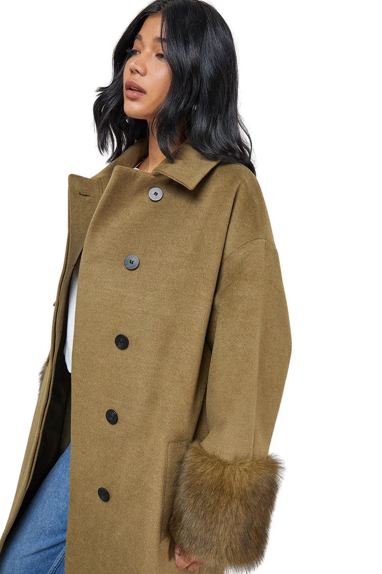 Patch Pocket Faux Fur Cuff Maxi Coat, Alternate, color, Green