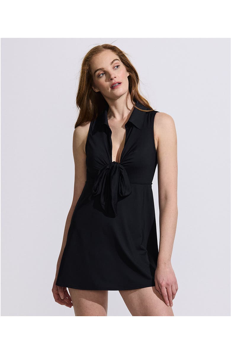 Lands' End Polo Collar Tie Front Swim Dress Swimsuit, Alternate, color, Black