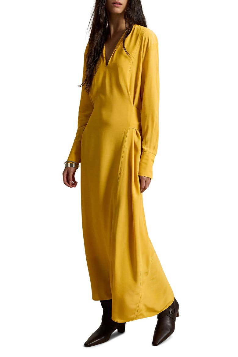 Split Neck Long Sleeve Gown, Main, color, GOLDEN YELLOW