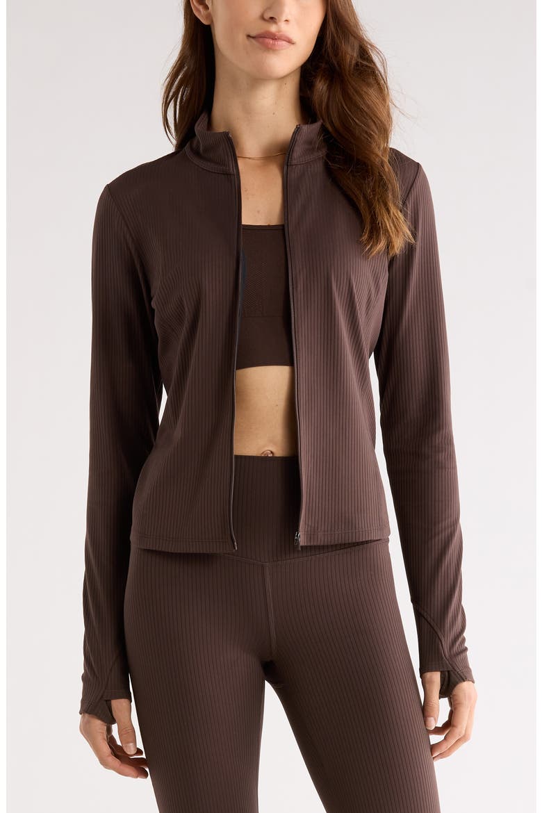 Thrive Rib Knit Zip Front Sweatshirt, Main, color, BROWN MOLE