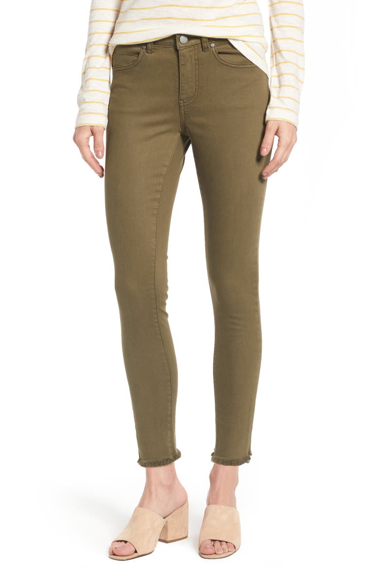 Frayed Hem Skinny Ankle Jeans, Main, color, OLIVE DARK