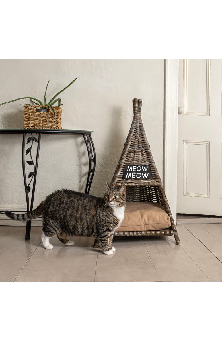 The Licker Store Tiki Tent 20" x 20" Coastal Handwoven Rattan Pet Bed with Machine-Washable Cushion, Alternate, color, Kubu Gray