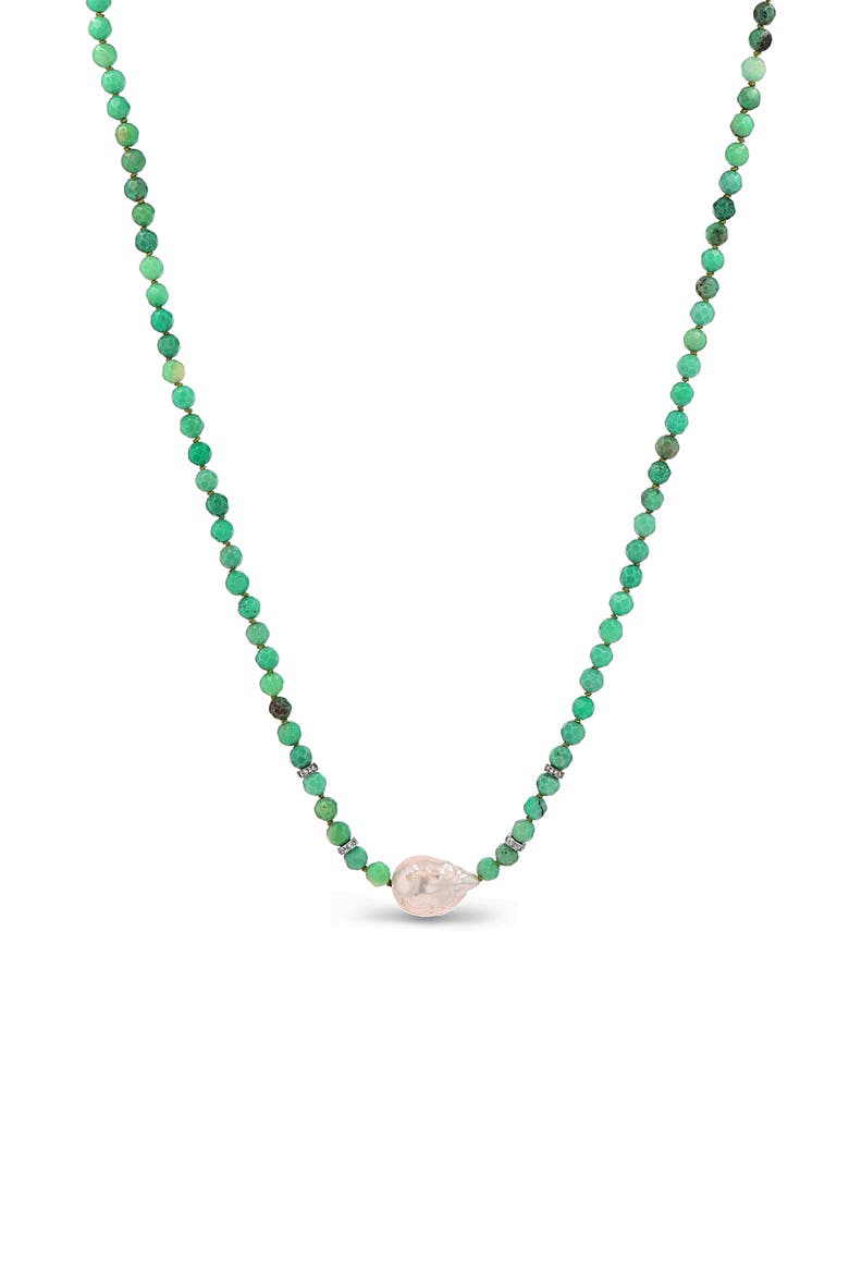 Chrysoprase Bead Necklace with Baroque Pearl and Diamond Rondelles, Main, color, Chrysoprase / Sterling Silver