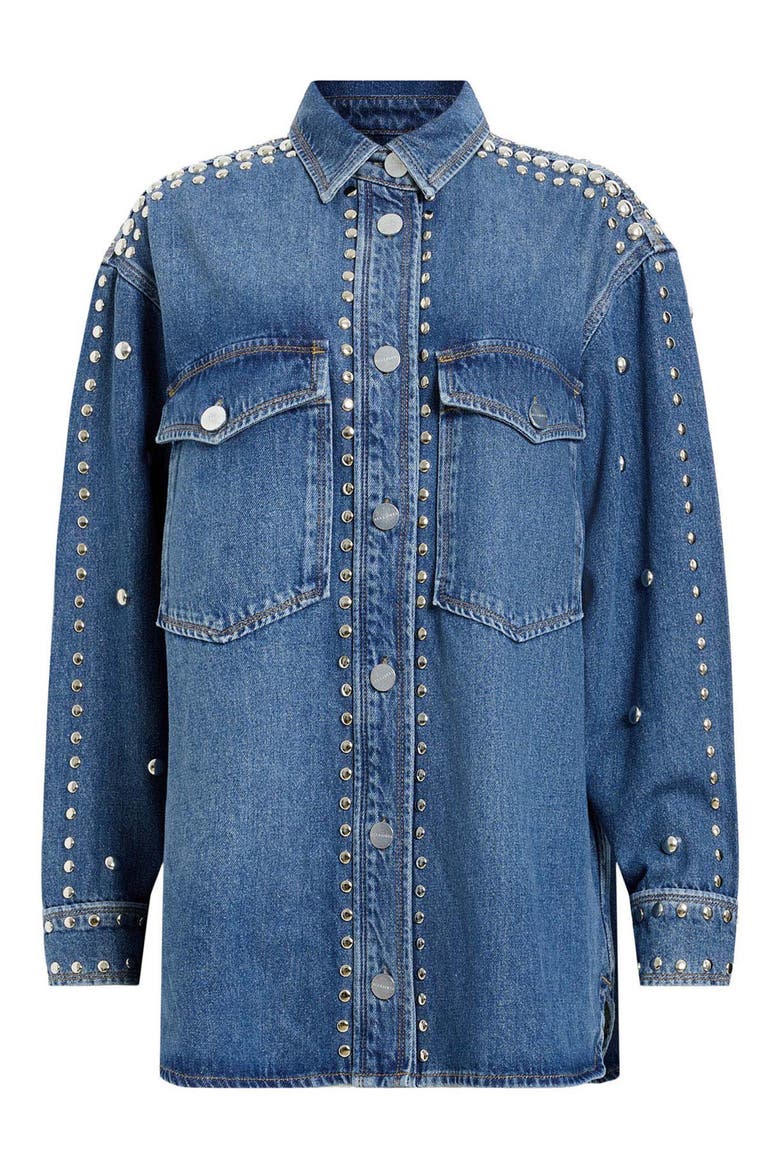 Alba Stud Detail Denim Button-Up Shirt, Alternate, color, MID INDIGO