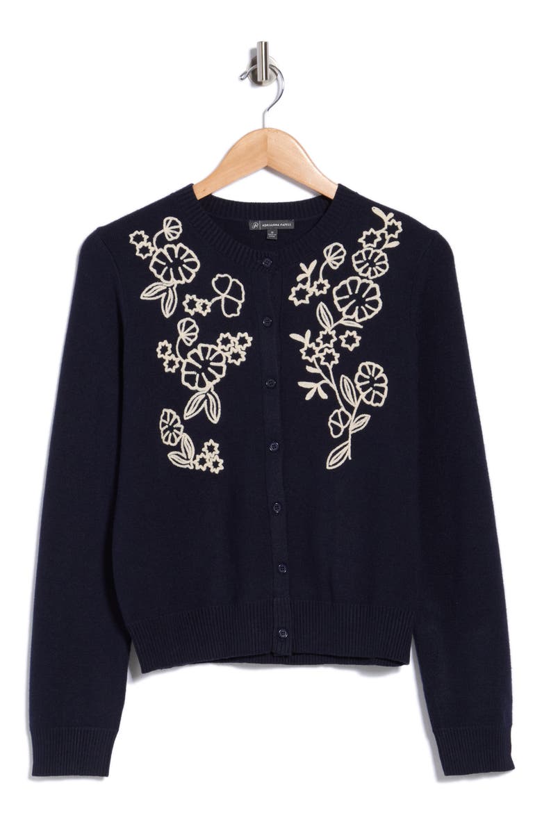 Floral Embroidered Crop Cardigan, Alternate, color, NAVY/ CREAM