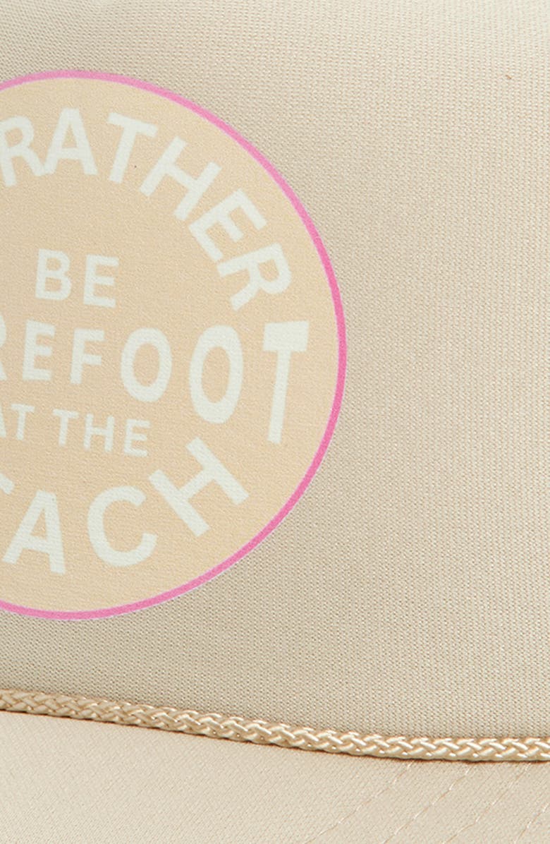 Friday Feelin’ I'd Rather Be Barefoot at the Beach Trucker Hat, Alternate, color, Tan