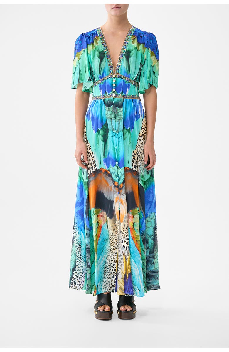Camilla Shaped Waistband Dress With Flutter Sleeves, Main, color, Jungle Flight