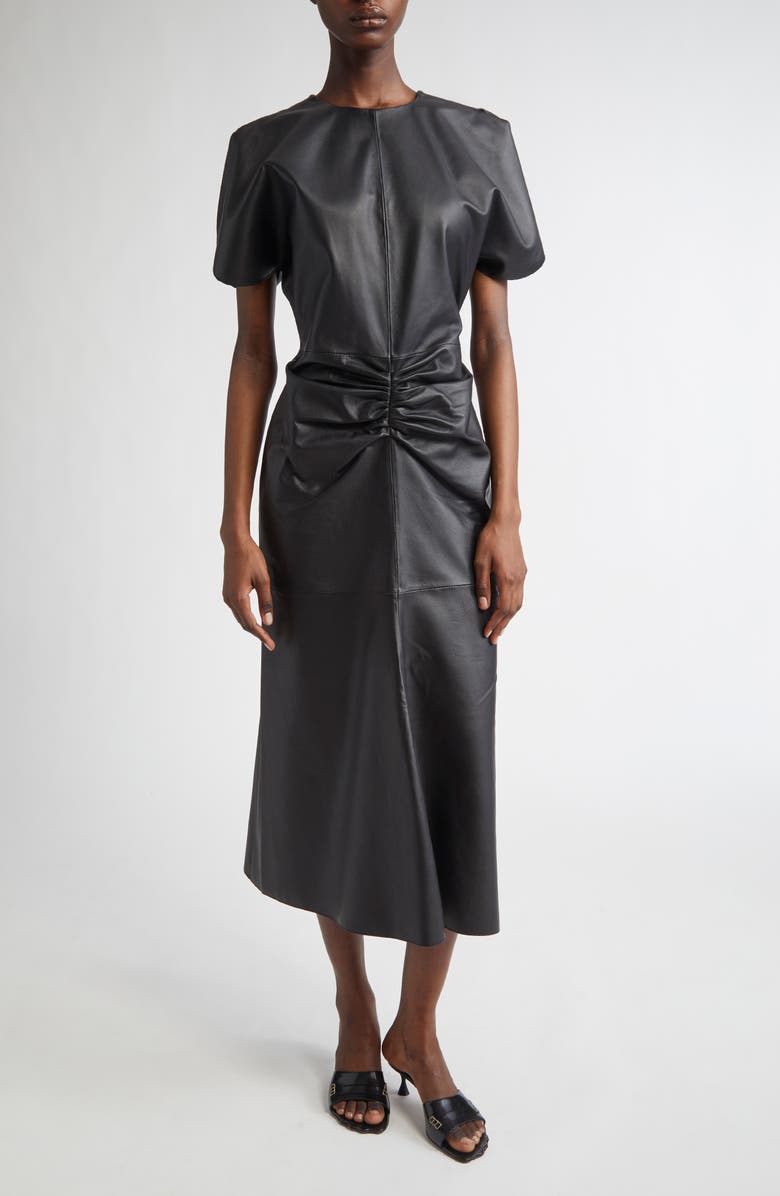 Victoria Beckham Gathered Waist Leather Midi Dress, Main, color,