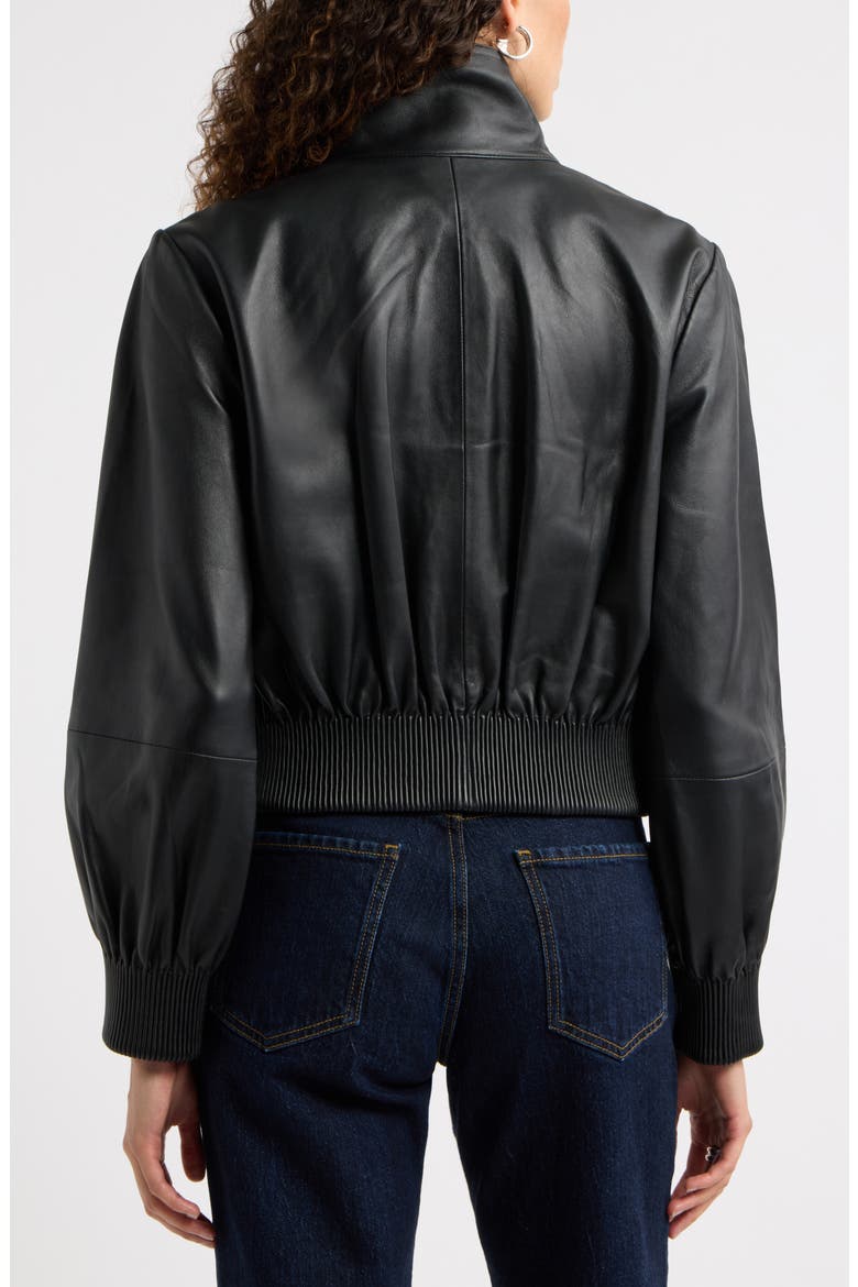 Funnel Neck Leather Bomber Jacket, Alternate, color, BLACK