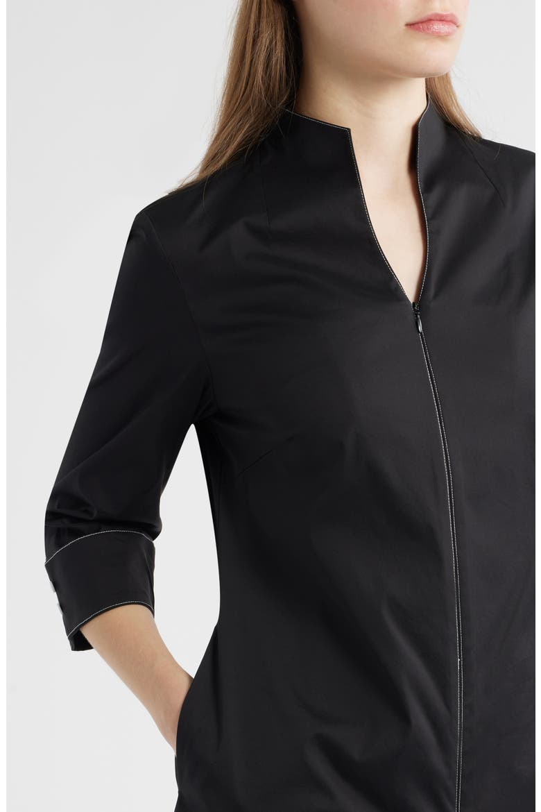 Front Zip Stretch Cotton Shirt Dress, Alternate, color, BLACK/ WHITE