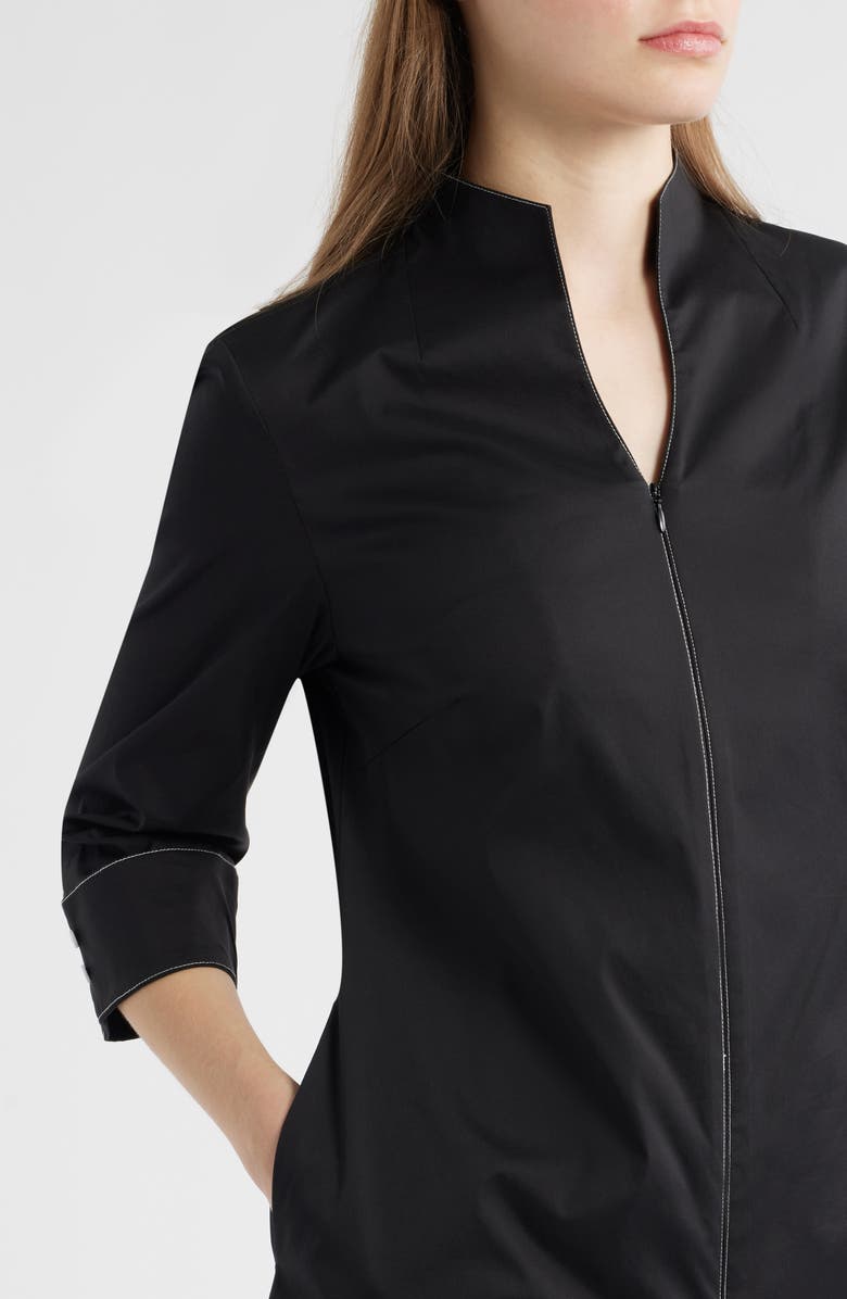 Ming Wang Front Zip Stretch Cotton Shirt Dress, Alternate, color, Black/ White
