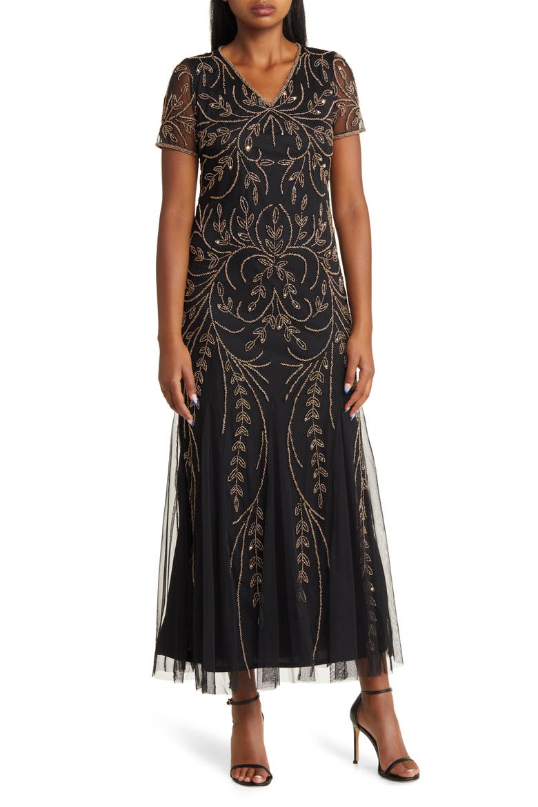 Beaded Mesh Gown, Main, color, BLACK/ GOLD