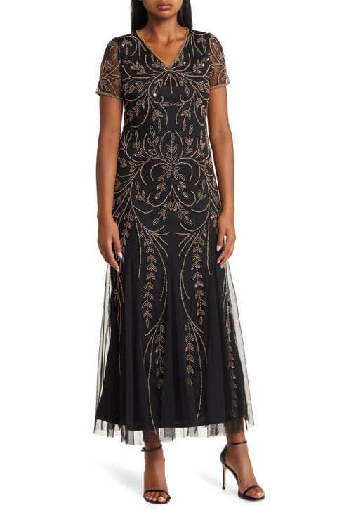Pisarro Nights Beaded Mesh Gown (Petite)