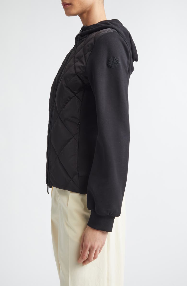 Moncler Mixed Media Hooded Zip Down Cardigan, Alternate, color, Black