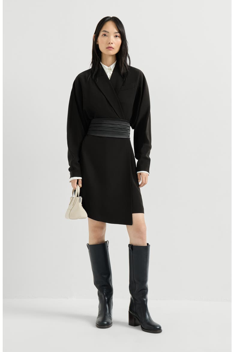 Silk and acetate crêpe cady tuxedo dress with monili, Alternate, color, Black