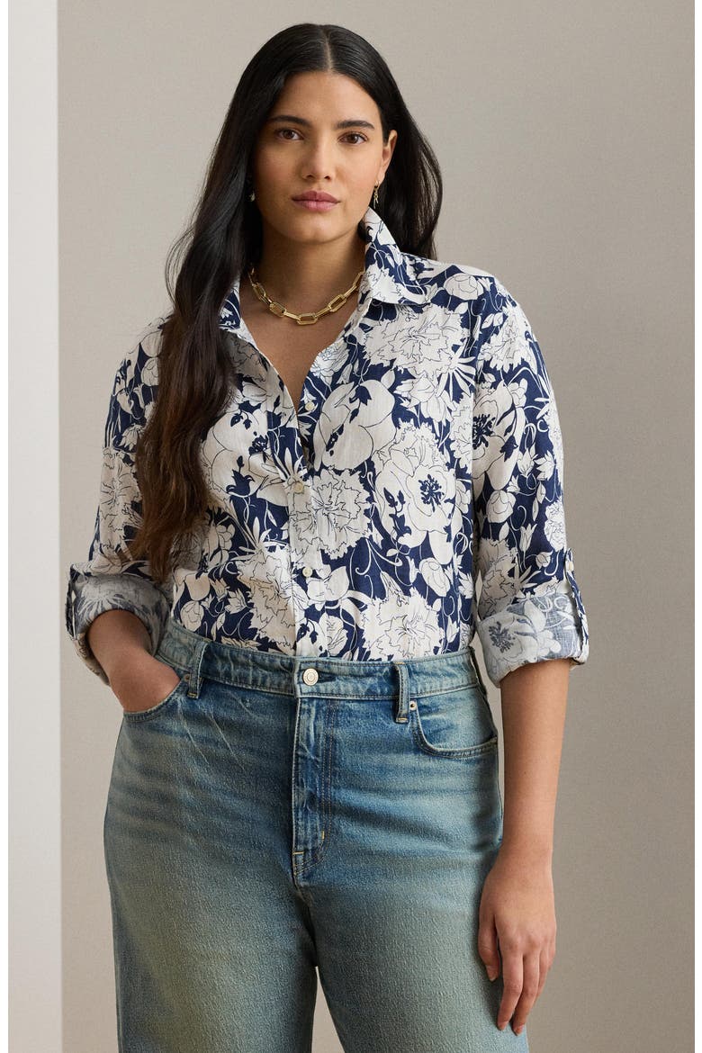 Relaxed Fit Floral Linen Shirt, Alternate, color, WHITE/ NAVY