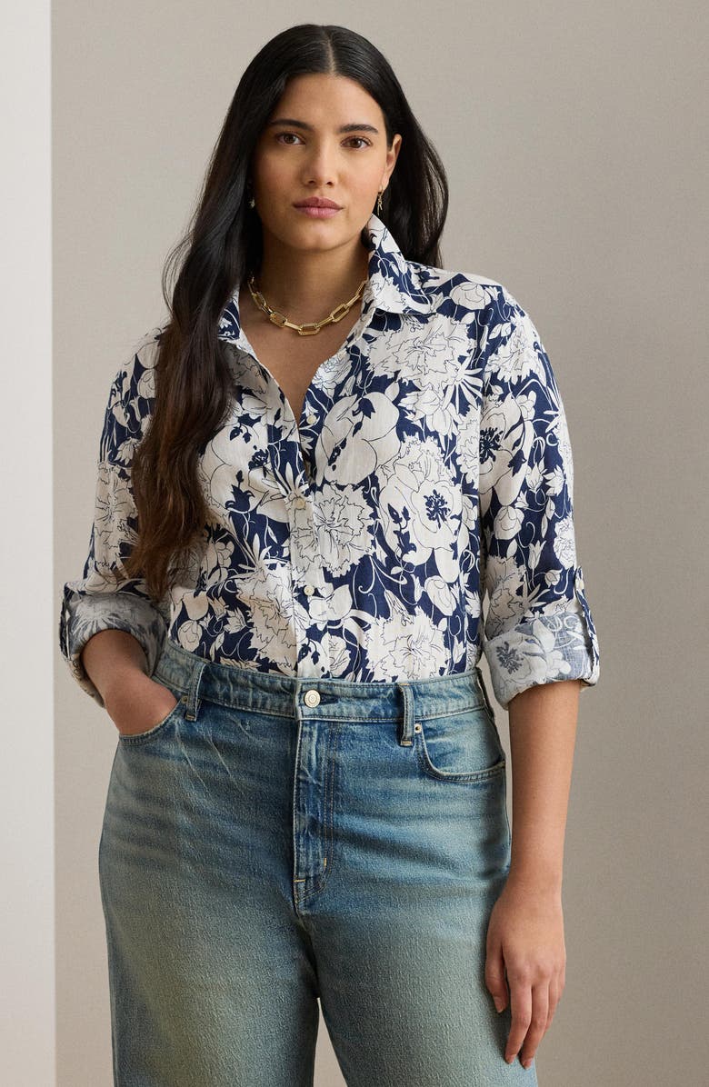 Lauren Ralph Lauren Karrie Floral Linen Button-Up Shirt, Alternate, color, White/ Navy