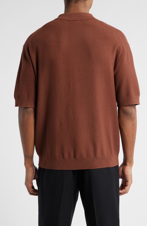 Open Edit Textured Stitch Short Sleeve Polo Sweater In Brown Tiramisu