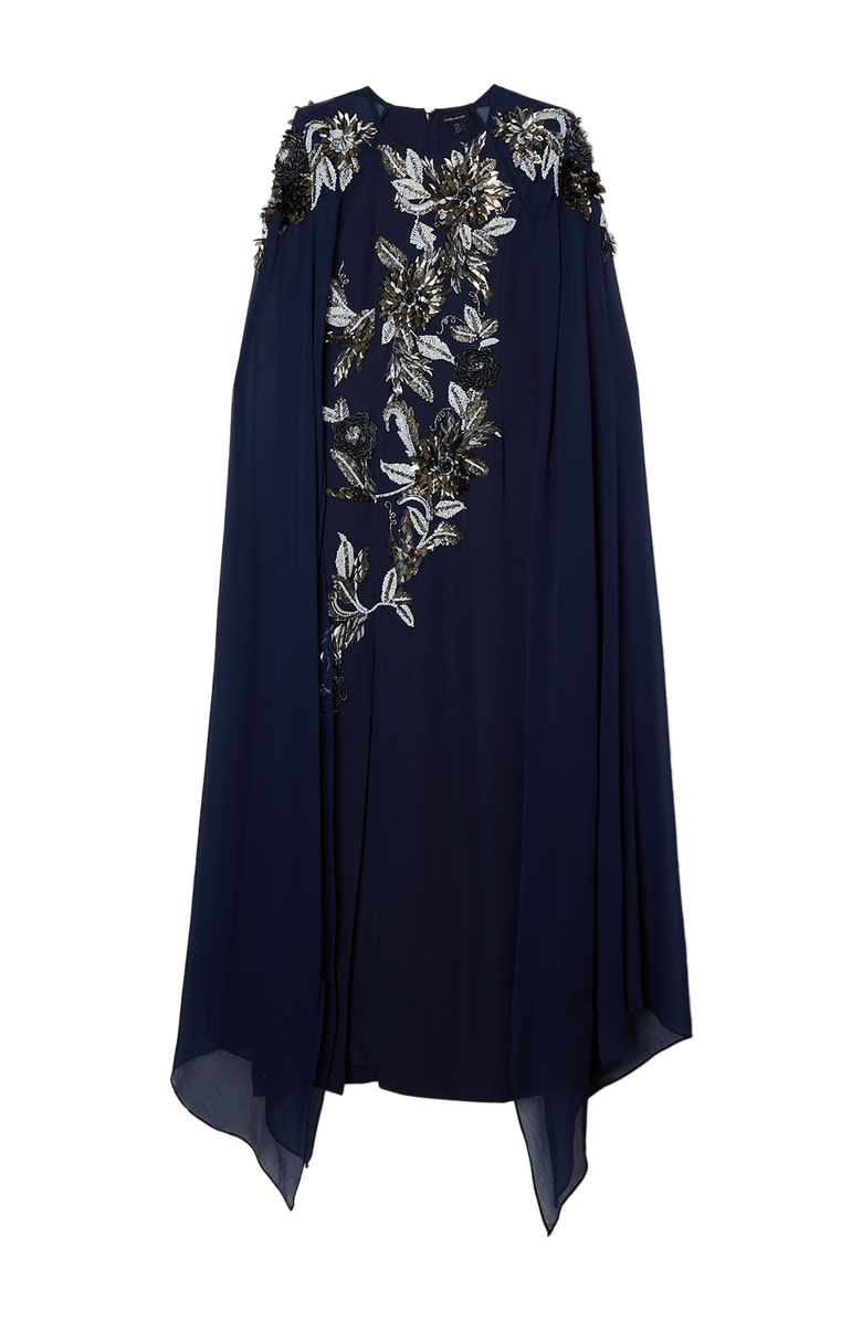 Karen Millen Floral 3D Cape Sleeve Maxi Dress, Alternate, color, Navy