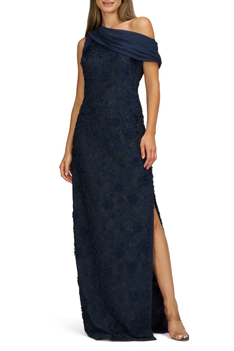 Elodie Floral One-Shoulder Cotton Blend Gown, Main, color, DEEP NAVY