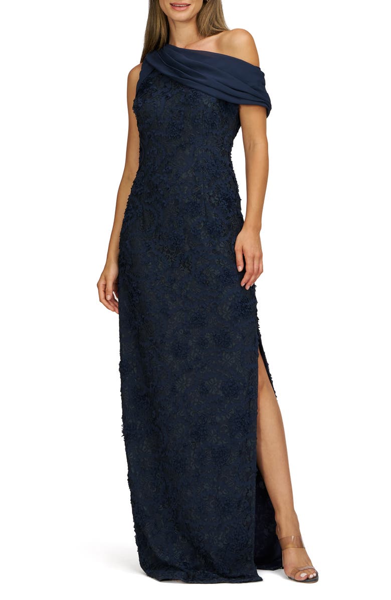 JS Collections Elodie Floral One-Shoulder Cotton Blend Gown, Main, color, Deep Navy
