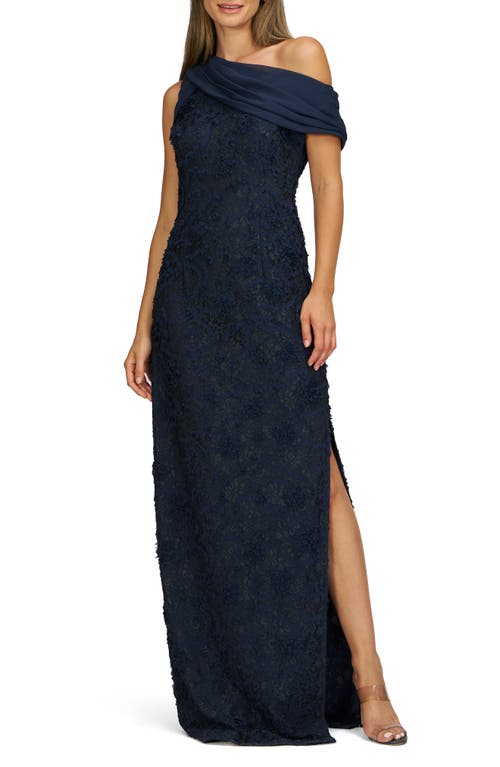 JS Collections Elodie Floral One-Shoulder Cotton Blend Gown in Deep Navy 