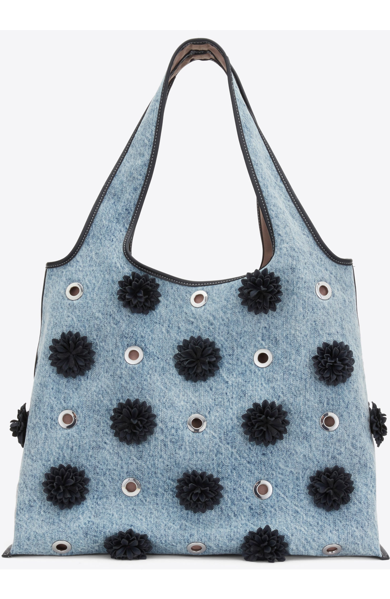 3.1 Phillip Lim Denim Market Tote with Leather Flowers, Main, color, Washed Indigo