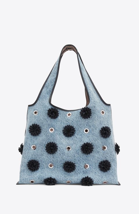 Denim Market Tote with Leather Flowers