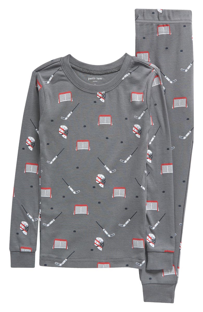 Petit Lem Kids' Hockey Gear Print Fitted Organic Cotton Two-Piece Pajamas, Main, color, 