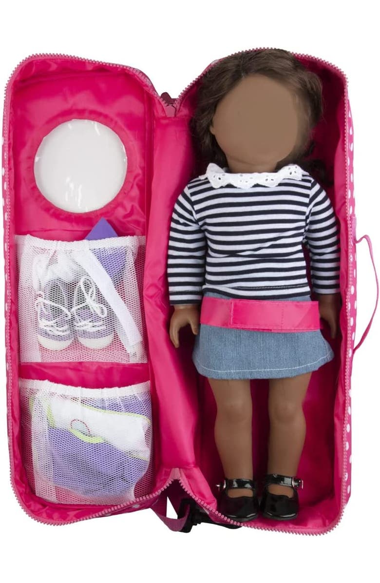 Dress Along Dolly Doll Storage Carrying Case Pink Polka Dot Compatible with 18" American Girl Dolls - Organizer Travel Case w Clear Window, Zipper & Strap - Gift for Kids, Alternate, color, Pink