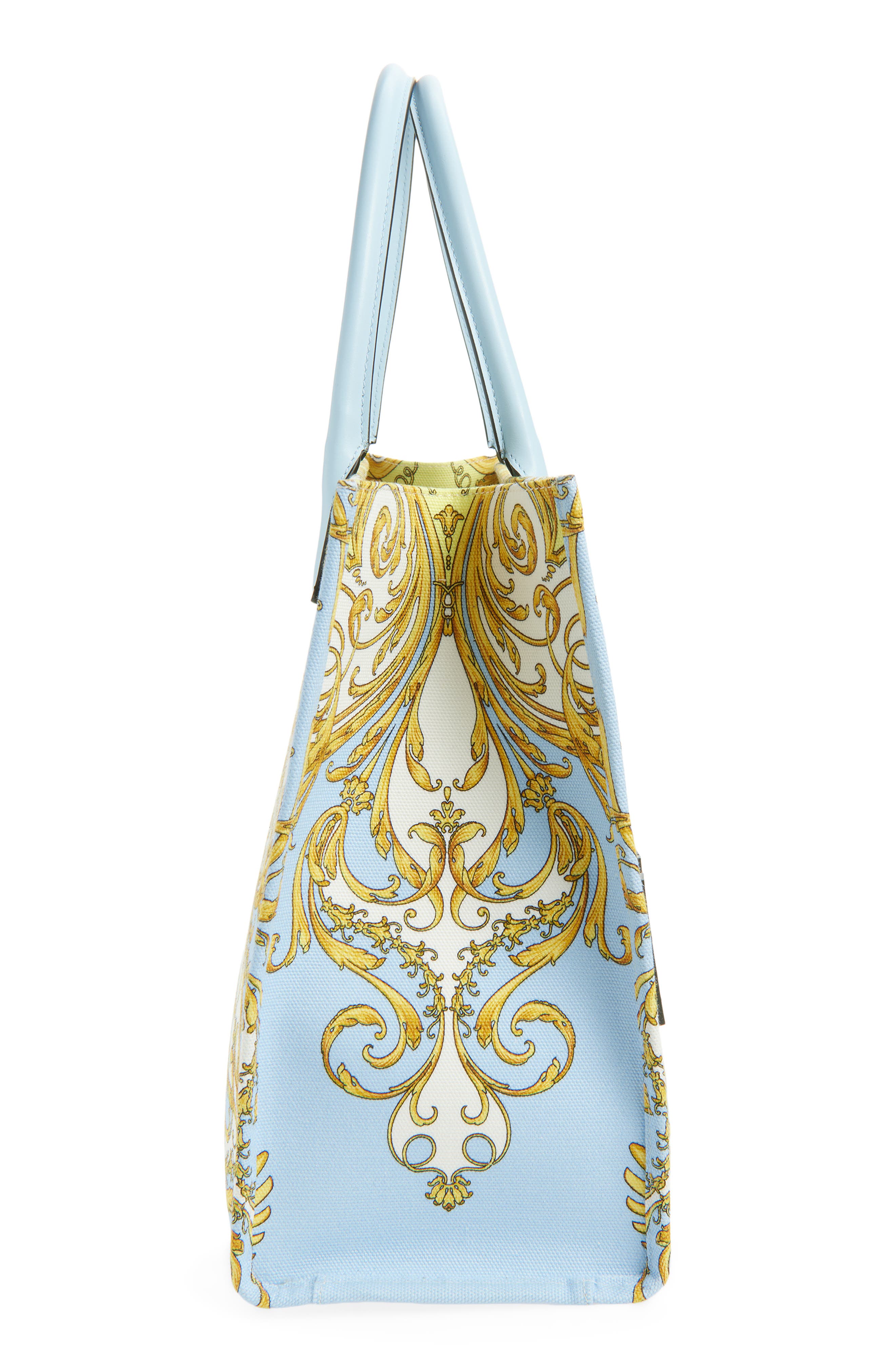 Versace Large La Medusa Print Canvas Tote, Alternate, color, Pastel Blue Gold