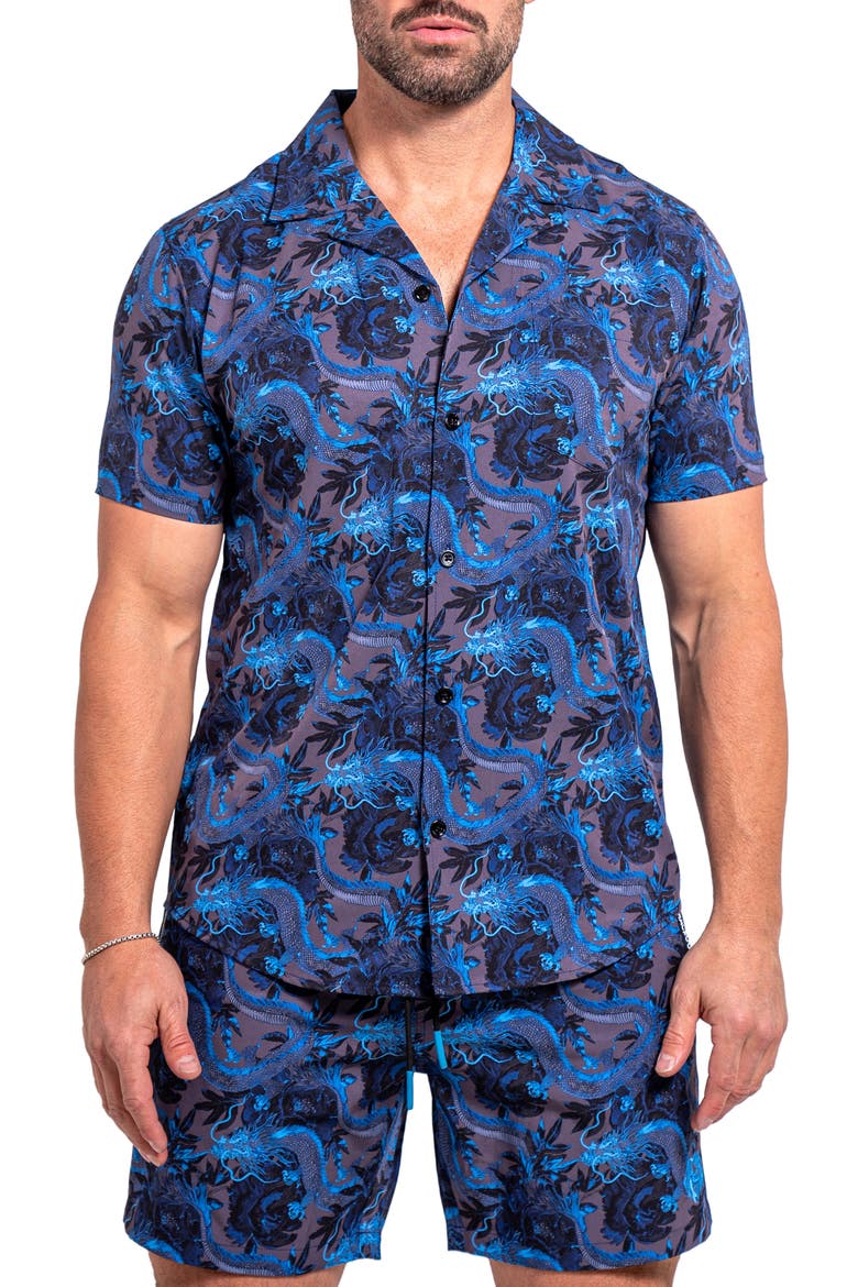 Beachdragon Blue Short Sleeve Cotton Button-Up Shirt, Main, color, BLUE