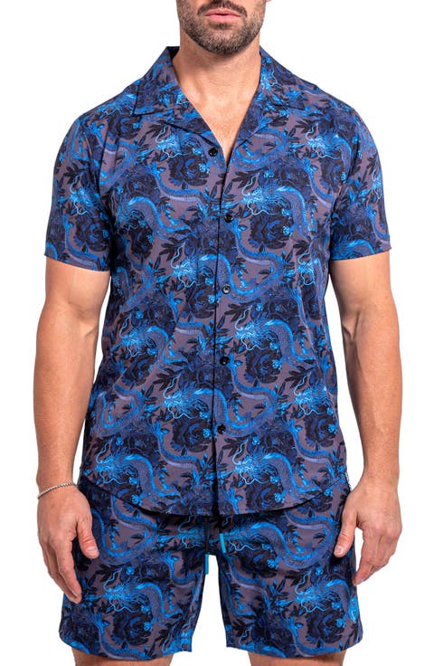 Beachdragon Blue Short Sleeve Cotton Button-Up Shirt