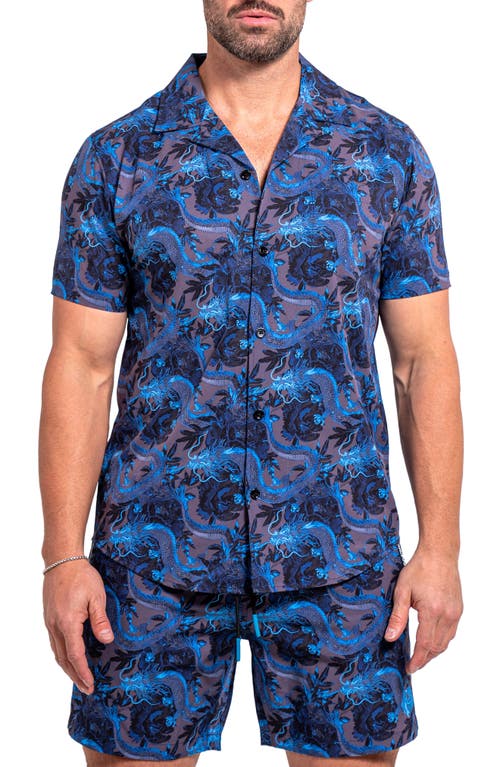 Maceoo Beachdragon Blue Short Sleeve Cotton Button-up Shirt In Blue