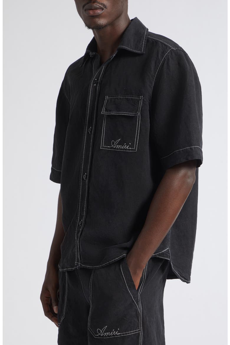 Script Garment Dyed Short Sleeve Linen Blend Button-Up Shirt, Alternate, color, BLACK