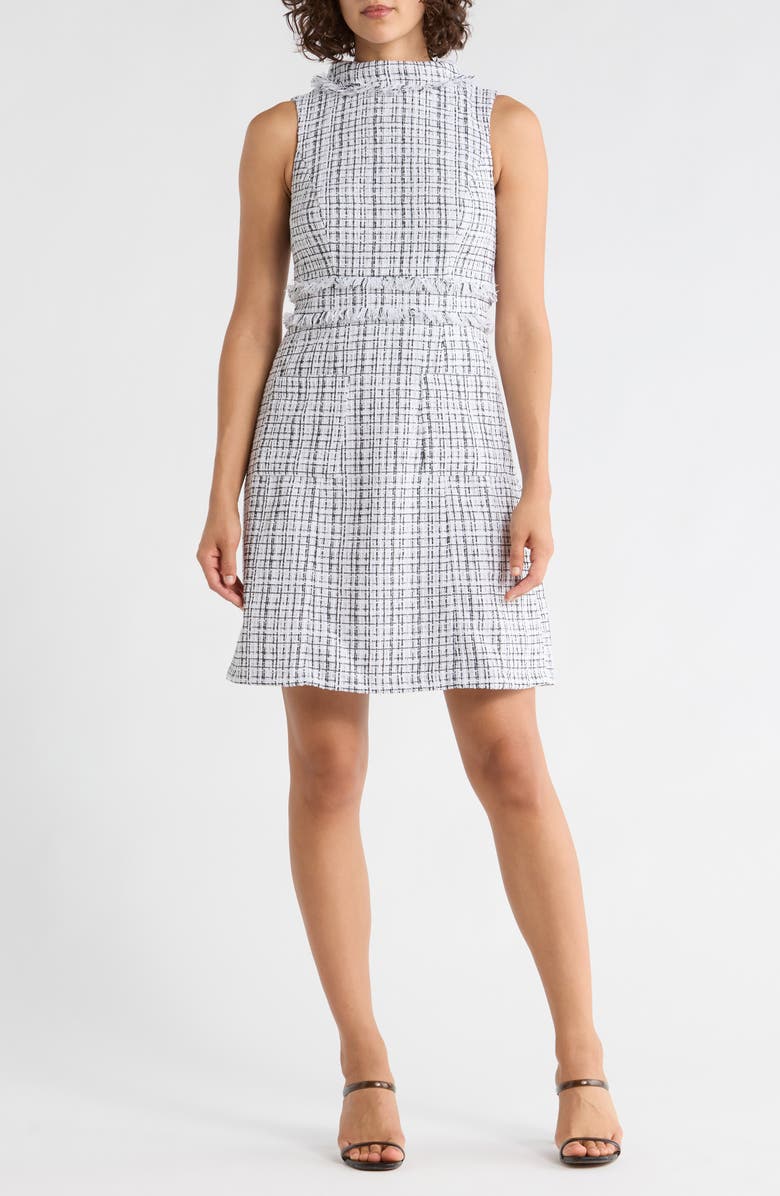 Eliza J Roll Neck A-Line Tweed Dress, Main, color, White Black