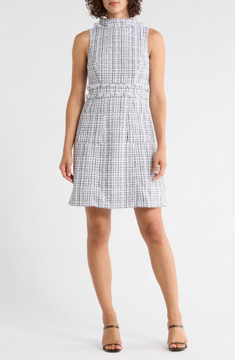 Roll Neck A-Line Tweed Dress