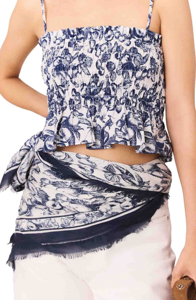 maje Fruit printed smocked top, Alternate, color, Blue Fruits Print