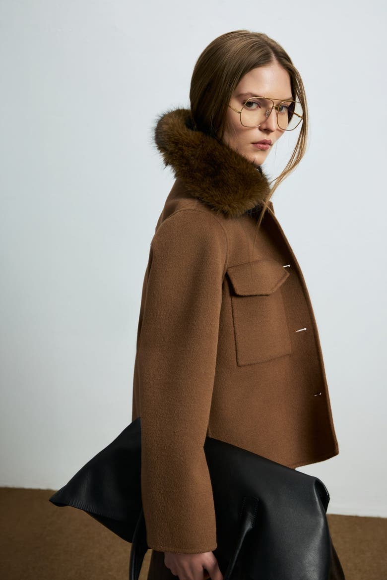 Women's Wool-blend Button-front Shirt Jacket With Removable Fur Collar, Alternate, color, Camel