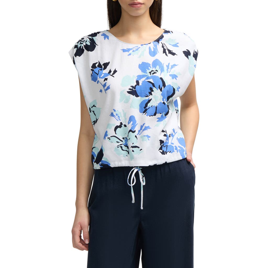 Ellen Tracy Floral Drawstring Hem Top In Azure Bouquet