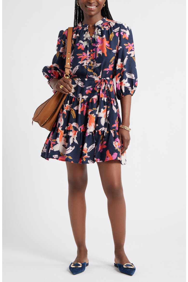Tie Neck Tiered Dress, Alternate, color, NAVY- PINK LUCY FLORAL