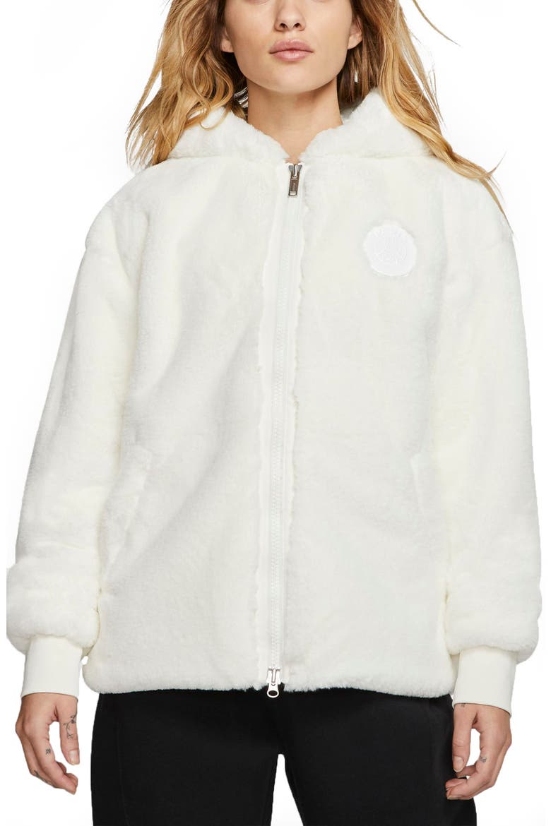 x Paris Saint-Germain Hooded Faux Fur Bomber Jacket, Main, color, SAIL/ UNIVERSITY RED