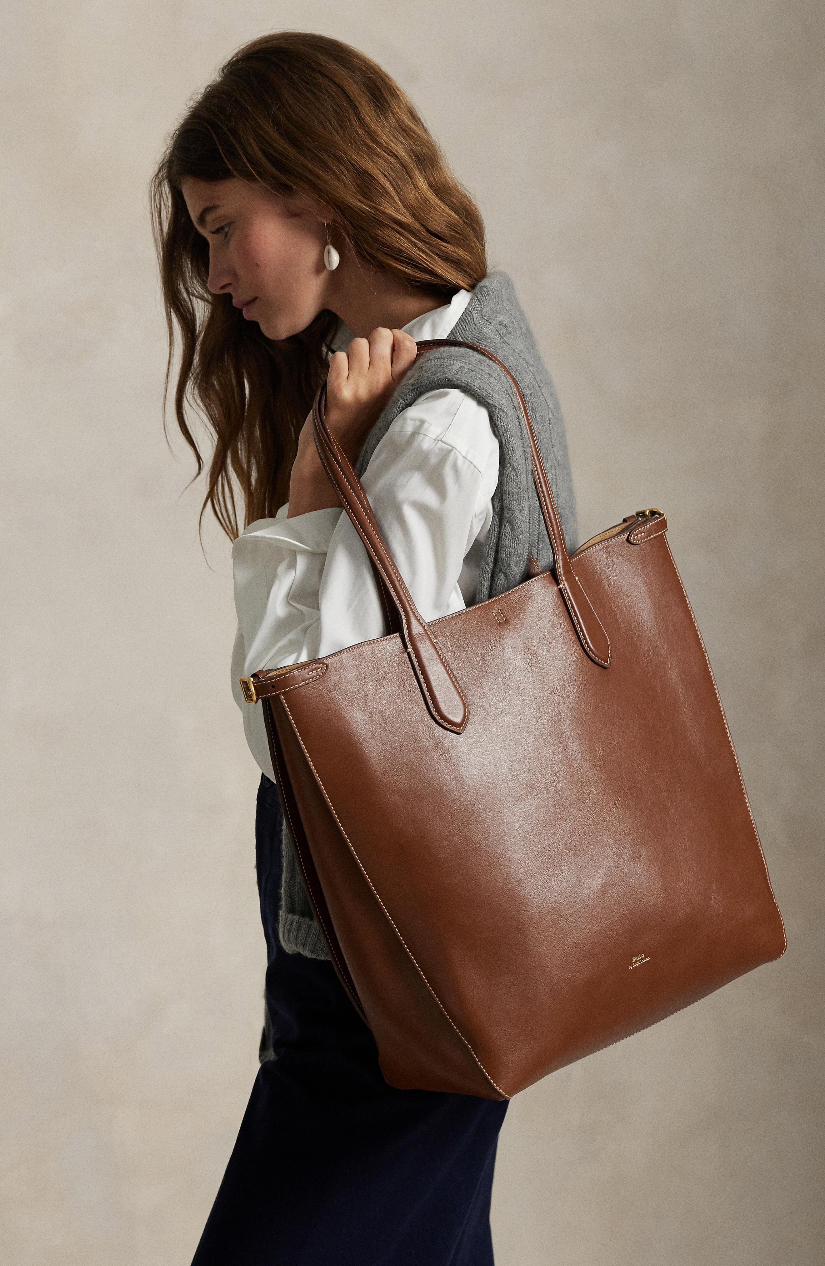 Polo Ralph Lauren Calfskin Leather Tote Bag, Alternate, color, Brown